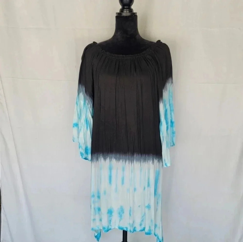 NWT Ace Fashion Tie Dye Bell Sleeve Knee Length Dress Boho Peasant Black Blue M